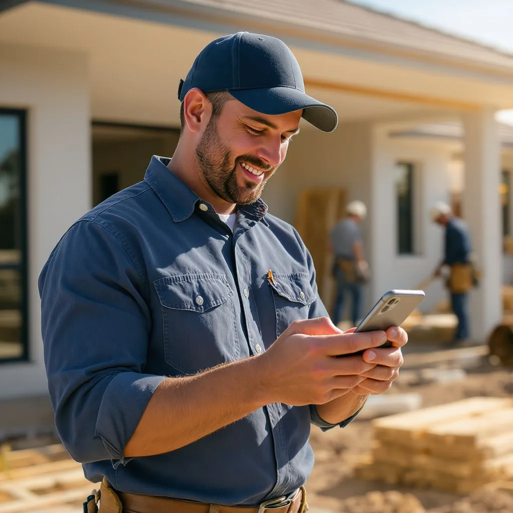Tradie on the job with phone showing new customer calling